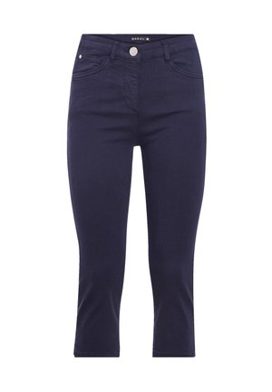 Donkerblauw cropped jeans met een gladde textuur, vijf zakken en een sluiting met een voorknop. Voorzien van subtiele stikdetails.