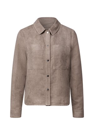 Taupe corduroy shirt jacket with a collar, two chest pockets, and black buttons. Long sleeves with buttoned cuffs. Smooth texture.