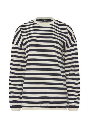 Langærmet skjorte med horisontale navy- og hvide striber, rund halsudskæring og knapdetaljer på venstre skulder.