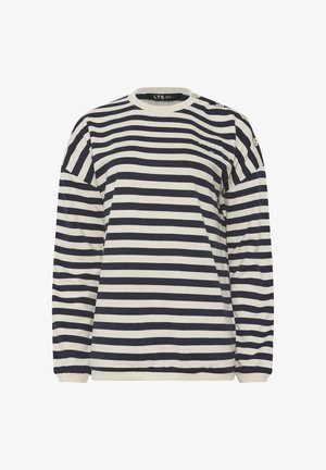 Granatowo-biała koszula w poziome paski z długim rękawem, okrągłym dekoltem i guzikami na lewym ramieniu.