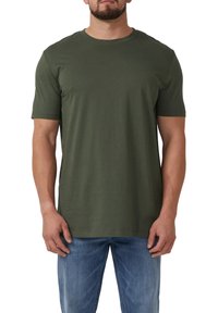 Olijfgroene T-shirt met korte mouwen in een zachte, katoenmix. Klassiek ontwerp met ronde hals zonder zichtbare patronen of accenten.
