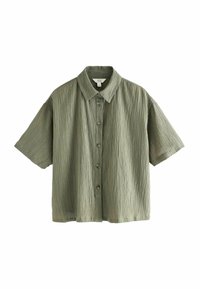 Short-sleeve green shirt with a textured fabric, button front, and collar. The design features a relaxed fit with a subtle, wrinkled appearance.
