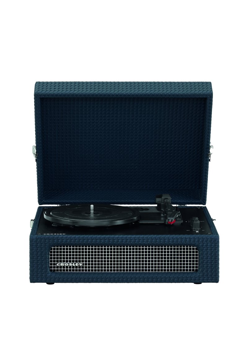 Turntable with navy textured case, open lid, black platter, and red accent on tonearm. Features metal speaker grille on front.