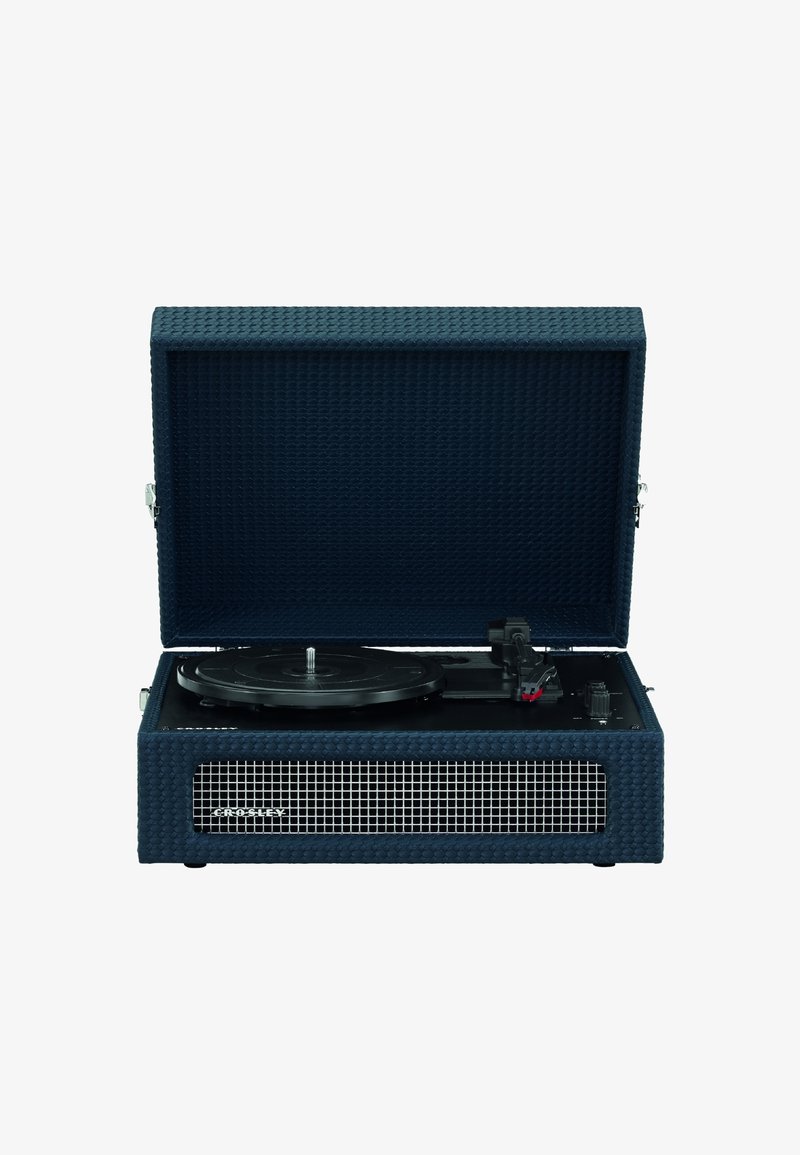 Turntable with navy textured case, open lid, black platter, and red accent on tonearm. Features metal speaker grille on front.