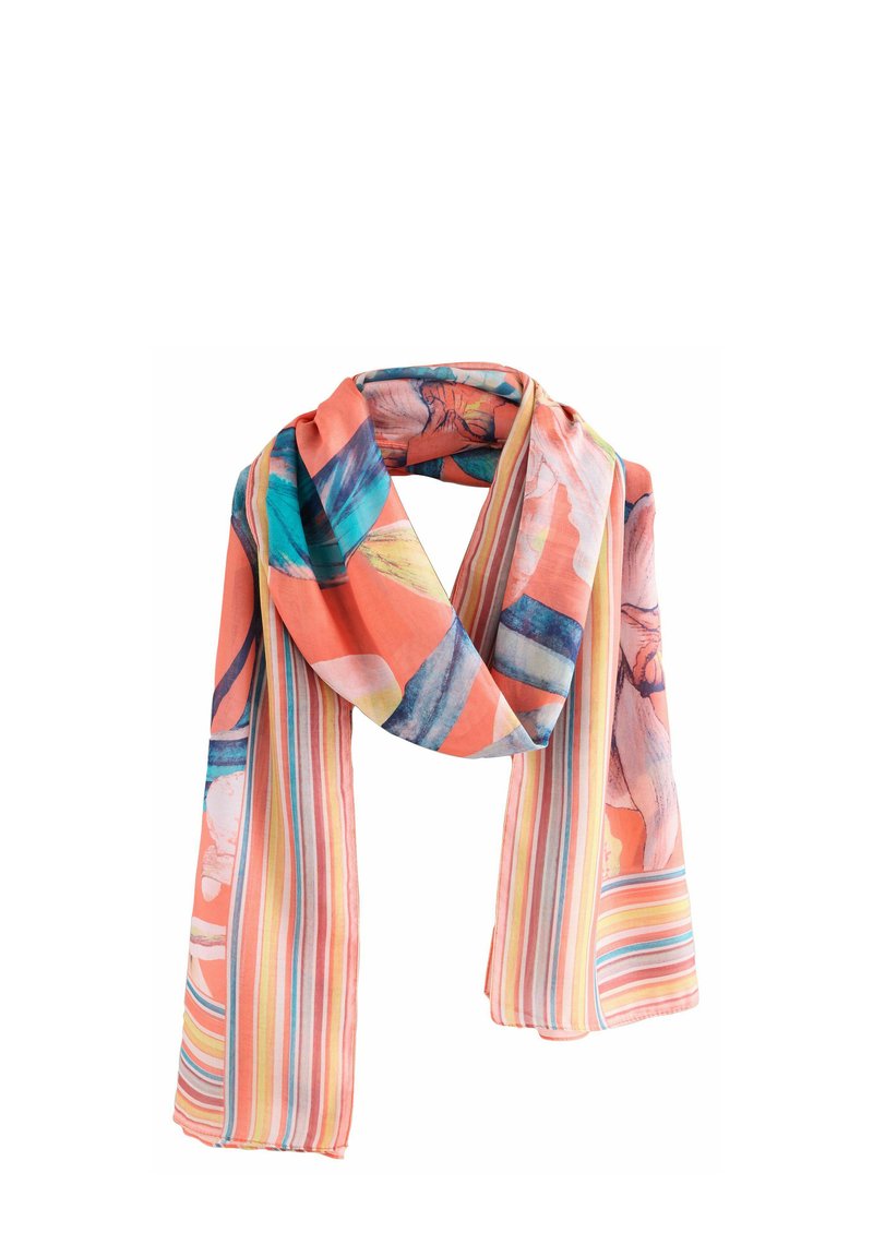 Satin šalle korallkrāsā ar abstraktiem ziedu rakstiem un svītrainiem akcentiem zilā, dzeltenā un rozā krāsā. Vieglas un gludas tekstūras.