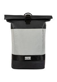 Roll-top backpack features a gray body with a black waterproof base, a buckle closure, and a top handle; smooth texture with minimal branding.