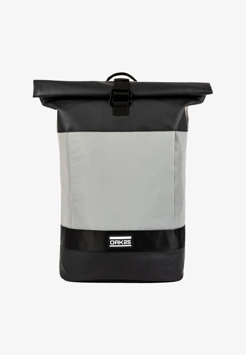 Roll-top backpack features a gray body with a black waterproof base, a buckle closure, and a top handle; smooth texture with minimal branding.