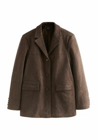 Veste en suède synthétique marron avec un col cranté, fermeture à un bouton et deux poches avant. Détails de boutons aux bords des manches.