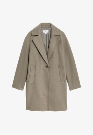 Lys grå uldblandingsfrakke med en klippeskulder, enkelt knaplukning og to forlommer. Har en lige skæring og lange ærmer.
