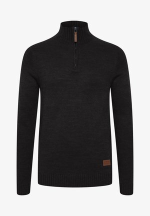Maglione nero a maglia con colletto alzato, dotato di chiusura a mezza zip e polsini e orlo a costine. Tessuto strutturato con una leggera lucentezza.