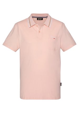 Polo à manches courtes rose clair avec patte de boutonnage à deux boutons, col rayé, poche poitrine et petit logo Schott NYC brodé.