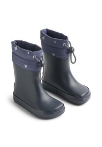 Marinefarbene Gummi-Regenstiefel mit einem gepolsterten blauen Bund, verstellbarem Zugband und strukturierten Sohlen. Glatte Oberfläche mit modernem Design.
