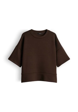 Dark brown short-sleeve sweatshirt with a round neck and relaxed fit, displayed against a plain white background.