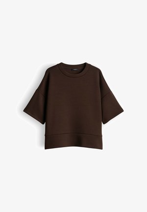 Dark brown short-sleeve sweatshirt with a round neck and relaxed fit, displayed against a plain white background.