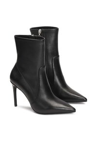 Black leather ankle boots with a pointed toe, sleek design, stiletto heel, and side zipper. Smooth texture with minimal accents.