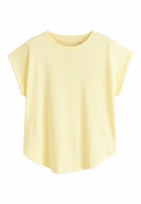 T-shirt jaune à manches courtes, en coton doux, avec une coupe décontractée, un col arrondi et un ourlet incurvé, texture lisse.