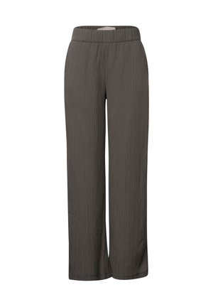 Gray wide-leg pants with a textured ribbed fabric, featuring an elastic waistband and straight-cut legs. No visible patterns or accents.