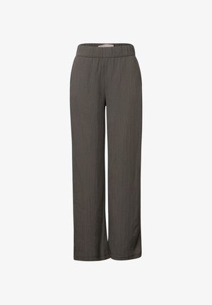 Pantalones de pierna ancha gris de tejido acanalado texturizado, con una cinturilla elástica y piernas rectas. Sin patrones o acentos visibles.