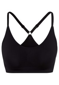 Schwarzer Bralette mit einem runden Ausschnitt, verstellbaren Trägern, die sich hinten kreuzen, glattem Stoff und ohne sichtbare Nähte.