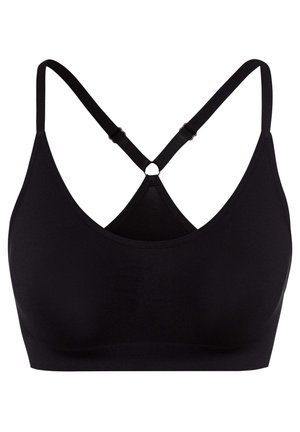 Schwarzer Bralette mit einem runden Ausschnitt, verstellbaren Trägern, die sich hinten kreuzen, glattem Stoff und ohne sichtbare Nähte.