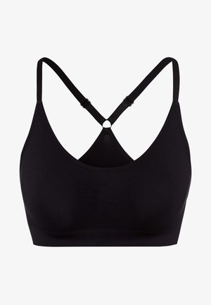 Schwarzer Bralette mit einem runden Ausschnitt, verstellbaren Trägern, die sich hinten kreuzen, glattem Stoff und ohne sichtbare Nähte.