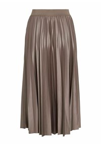 Jupe midi plissée en tissu métallique brun doux avec une taille élastique. La jupe présente un design fluide et une texture verticale.