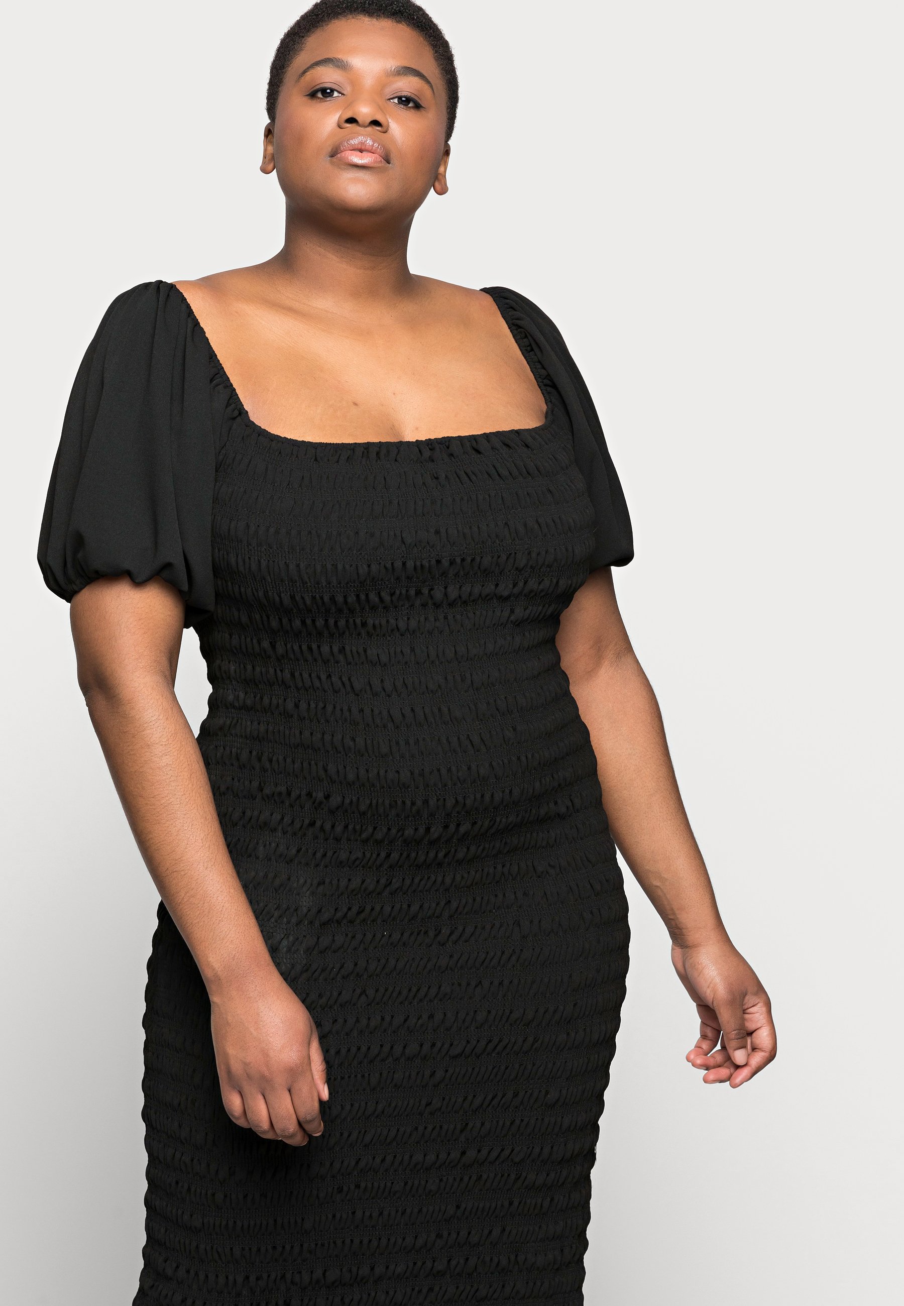 shirred bardot midi dress
