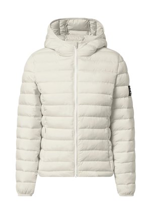 Světle béžová prošívaná bunda s kapucí, celopropínacím zipem vpředu, elastickými manžetami a zipovými postranními kapsami.