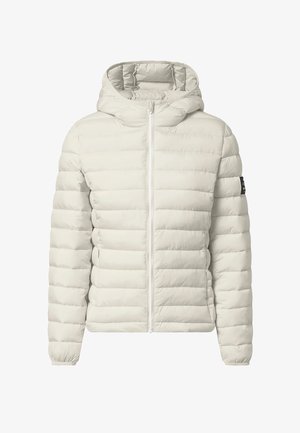 Světle béžová prošívaná bunda s kapucí, celopropínacím zipem vpředu, elastickými manžetami a zipovými postranními kapsami.