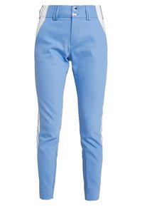 Lichtblauwe op maat gemaakte broek met een gladde textuur, voorzien van witte zijkanten, twee knopen op de tailleband en een slim fit ontwerp.