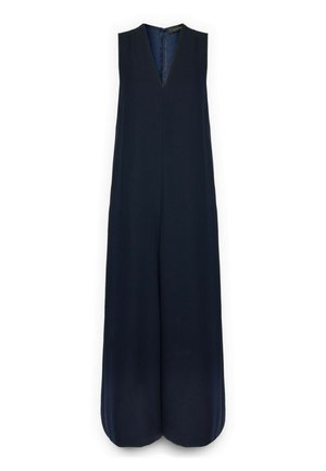 Tuta senza maniche blu navy con gamba larga e scollo a V, con chiusura a zip sul retro.