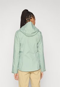 Svetlo zelena vodoodporna jakna s kapuco, teksturirane tkanine in prilegajočega kroja, pogled od zadaj na belem ozadju.