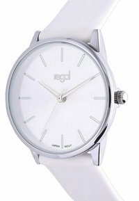 Weisse analoge Uhr mit einem silbernen Edelstahlgehäuse, minimalistischem Zifferblatt, geraden Stundenmarkierungen und einem glatten weißen Lederarmband.