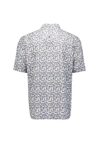 Korte mouwen shirt in lichtblauw, grijs en crème patroon; heeft een relaxte pasvorm, kraag en centrale knoopdetail aan de achterkant.