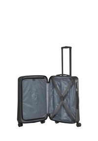 Hard-shell suitcase in black, dual zippers, retractable handle, four wheels, interior with gray lining, cross straps for securing contents.
