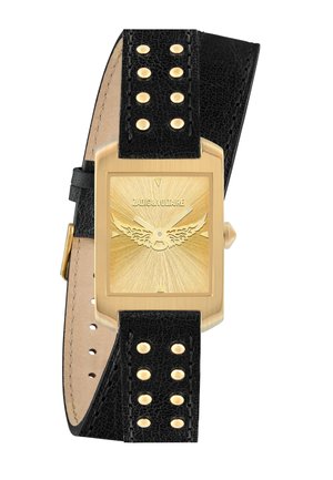 Prostokątny zegarek w złotym odcieniu z tarczą w stylu sunburst, emblematem z skrzydłami, czarnym skórzanym paskiem owiniętym z złotymi ćwiekami oraz brandingiem Zadig & Voltaire.