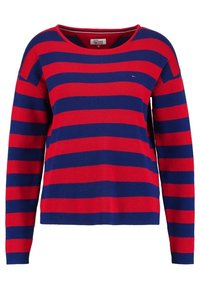 Czerwono-granatowy sweter w paski, wykonany z miękkiego dzianiny, z szerokim dekoltem i długimi rękawami. Charakterystyczne poziome paski.