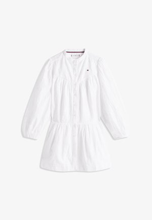 Hvit skjortekjole med rund krage, knappelukking foran, elastisk midje og puffede lange ermer med et delikat teksturmønster.