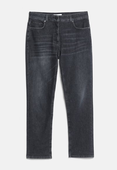 Jean droit en denim gris foncé avec poches avant et arrière, fermeture bouton et légers détails d'usure près des hanches.