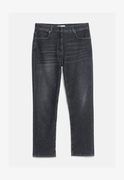 Jean droit en denim gris foncé avec poches avant et arrière, fermeture bouton et légers détails d'usure près des hanches.