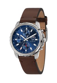 Orologio con cinturino in pelle marrone, dotato di cassa in acciaio inossidabile, quadrante blu, funzione cronografo e lancette luminose. Accento rosso notevole sul sottodial.