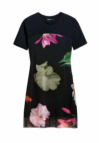 Schwarzes Kleid mit kurzen Ärmeln, das ein florales Muster in Pink, Weiß und Grün aufweist. Weicher Stoff mit anliegendem Design und Rundhalsausschnitt.