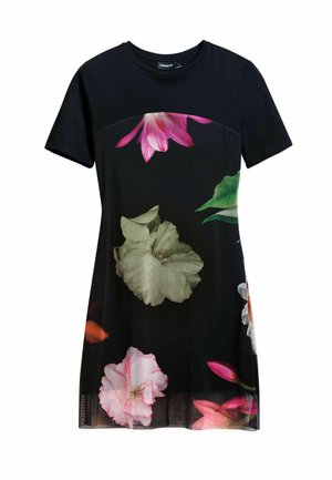 Black dress with short sleeves featuring a floral pattern in pink, white, and green. Soft fabric with a fitted design and a crew neckline.