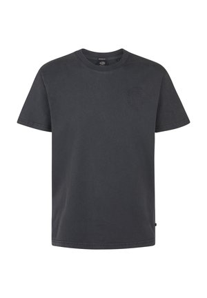 Schlichtes dunkelgraues Kurzarm-T-Shirt aus Baumwolle mit einem kleinen, geprägten runden Logo auf der linken Brust und einem Rundhalsausschnitt.