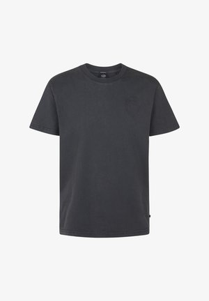 Schlichtes dunkelgraues Kurzarm-T-Shirt aus Baumwolle mit einem kleinen, geprägten runden Logo auf der linken Brust und einem Rundhalsausschnitt.