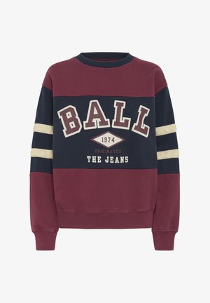 Maroon and navy sweatshirt with cream horizontal stripes, a crew neck, and bold text graphic that reads "BALL 1974 ORIGINATED THE JEANS."