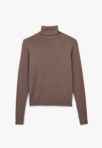 Suéter marrón de cuello alto hecho de tejido de punto acanalado, con mangas largas y un ajuste ceñido, acabados en dobladillo enrollado.