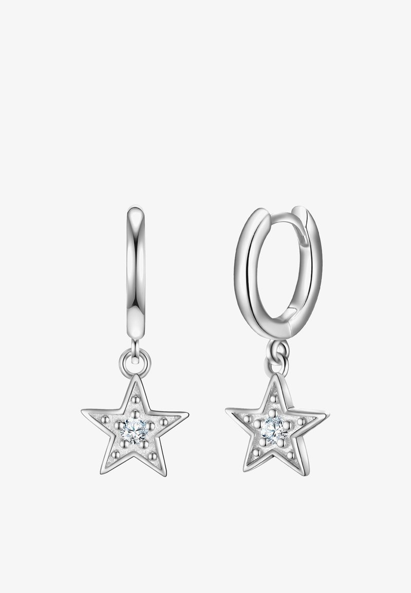 Srebrni uhani v obliki obročev s obeskom v obliki zvezde. Vsaka zvezda ima osrednji prozoren dragulj in strukturo z majhnimi okroglimi poudarki.