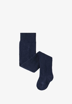 Mørkeblå strømpebukser lavet af struktureret strikmateriale, med en glat fodsektion og et bredt, behageligt taljebånd.