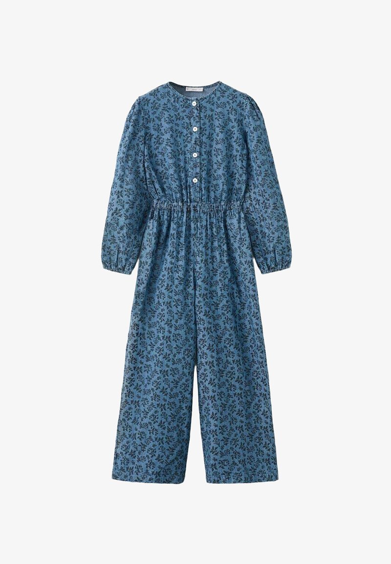 Blue floral long-sleeve jumpsuit with gathered waist, round neck, front buttons, and wide-leg pants.
